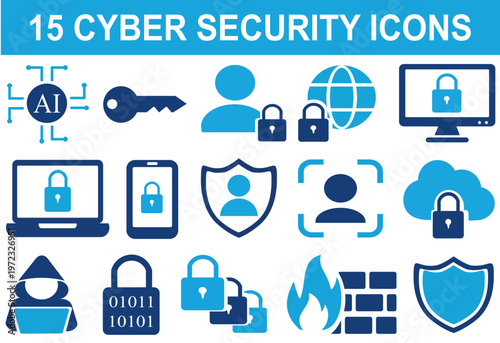 15 Cyber Security and Network Protection Blue Icon Set, Digital Privacy and Data Security Vector Icons for UI Design, Cyber security Concept Icons, AI Security, Firewall