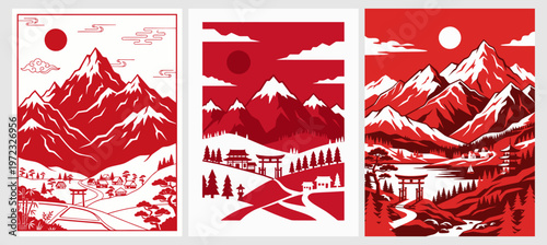 Set of three red and white Japanese style mountain landscapes with torii gates.