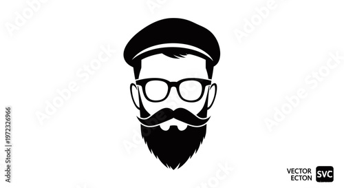Free Download Hipster Man Face Silhouette with Beard, Mustache and Glasses, Vintage Cap - GFXLoad