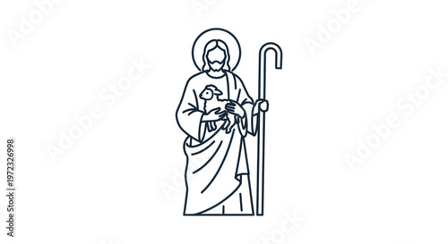 Jesus Christ Good Shepherd holding lamb, halo, staff, religious symbol, vector illustration