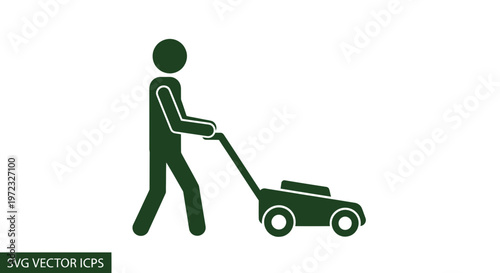 Gardener mowing lawn with push mower, stick figure icon, simple vector illustration