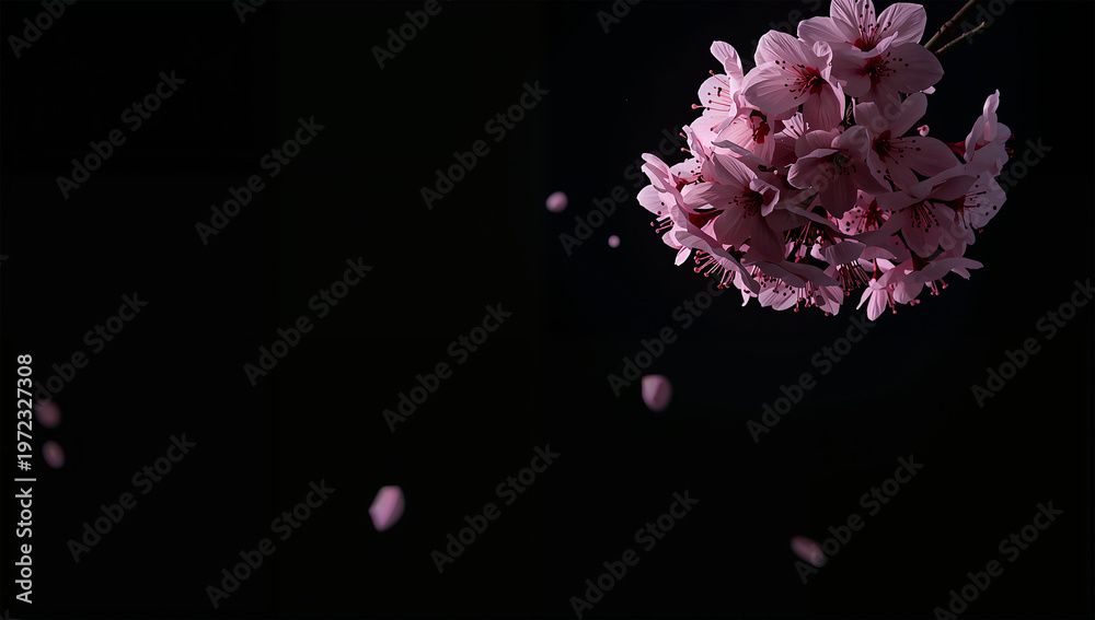 Obraz premium 夜桜のような光を感じる黒背景に咲く桜の春背景素材