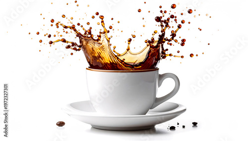 Dynamic Coffee Splash in White Ceramic Cup Isolated on White Background