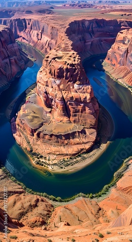 A breathtaking aerial view of Horseshoe Bend, showcasing the iconic U-shaped meander of the Colorado River carving through the red rock canyon landscape.