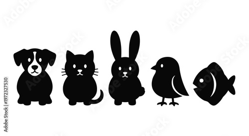 Cute animal silhouettes of dog, cat, rabbit, bird, and fish in a row on white background, icons for pet, wildlife, or nature concepts