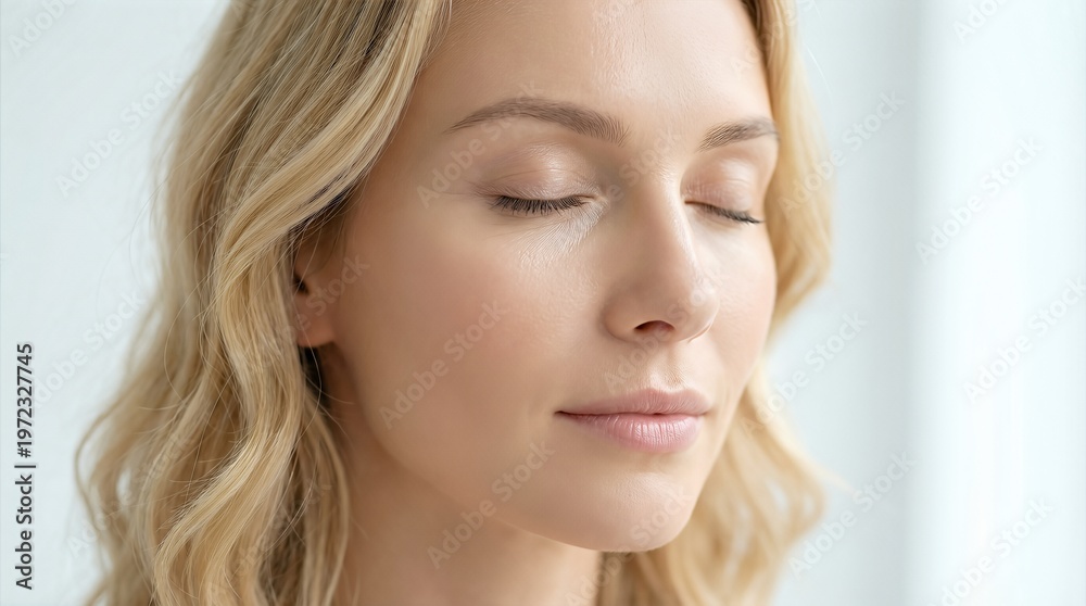 Fototapeta premium Close-up portrait of a beautiful blonde woman with closed eyes and a serene expression, showcasing radiant clear skin and natural beauty for a wellness and skincare concept.