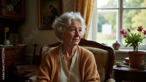 Senior lady in a living room, deep in thought, wearing a sweater.