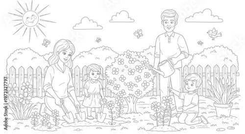 Family Gardening Together: Parents and Children Planting Flowers Outdoors