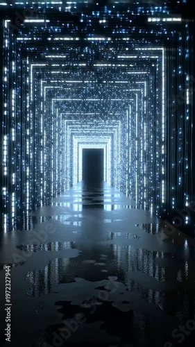 Futuristic Corridor with Binary Code and Light.