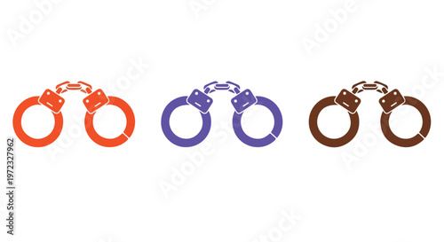 Three pairs of stylized metal handcuffs in orange, blue, and brown colors arranged horizontally on a white background