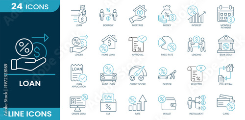 Loan icon set. Loan service, borrowing process, mortgage system, money funding, interest rate, monthly payment, lending service, home financing, approval status, Line vector icons collection.