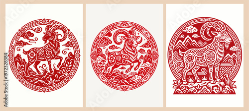 Chinese zodiac goat set. Red paper cut style sheep with mountains. Lunar new year vector art.