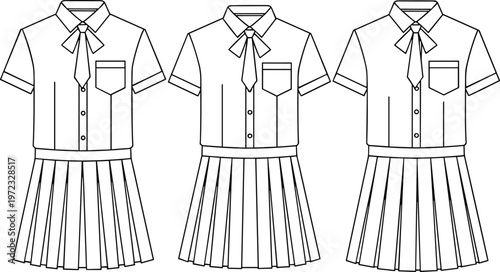 Collection of three school uniform illustrations with pleated skirts, collared shirts, and neckties, showcasing educational attire design for fashion and artwor