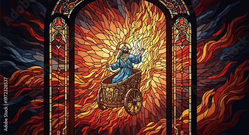 Stained glass artwork of a biblical prophet in a chariot of fire