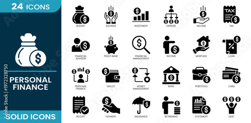 Personal finance icon set. Budget control, savings fund, investment portfolio, expense distribution, income stream, tax report, advisory service, saving account, finance, Solid vector icons collection
