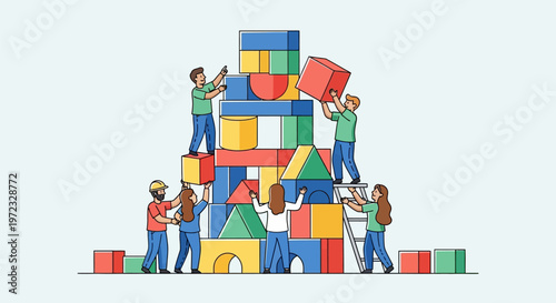 People building a colorful block structure.