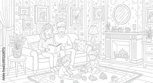 Cozy Family Reading Together in Living Room, Children Playing