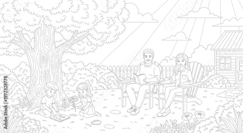 Family Relaxing in Backyard Garden, Parents Reading, Kids Playing