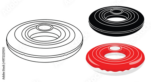 Three different styles of inflatable pool floats shown in outline, black silhouette, and red and white colors