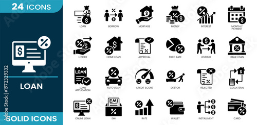 Loan icon set. Loan approval, borrowing system, mortgage loan, cash funding, interest calculation, payment schedule, lender service, housing loan, Solid vector icons collection.