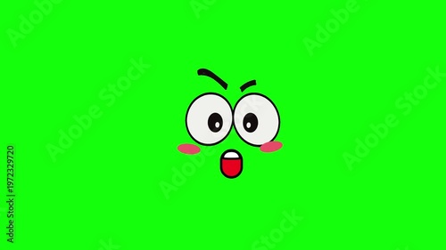 Animated 2D cartoon face showing a shocked reaction, eyes widening and blinking rapidly, mouth opening and closing in surprise, isolated on green screen background.