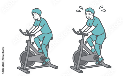 フィットネスバイクを漕ぐ標準体型の男性とぽっちゃり男性の比較セットイラスト
