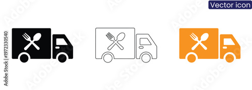 Food delivery truck icons with crossed utensils on white background