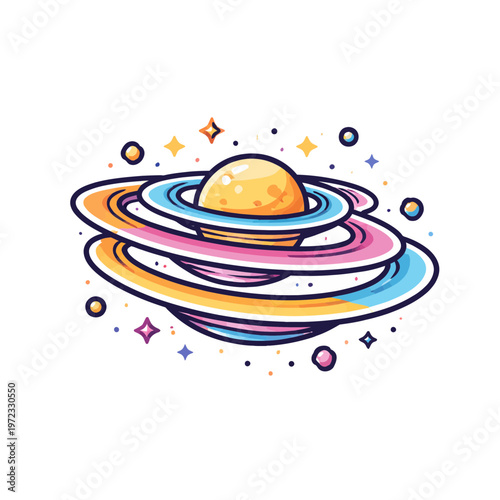A delightful and vibrant cartoon Saturn planet icon, showcasing colorful rings and sparkling stars, perfect for inspiring cosmic wonder, space exploration, and imaginative digital design concepts