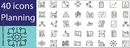 “Planning icon set featuring strategy, scheduling, calendar, goal setting, and project management symbols in modern flat style.”