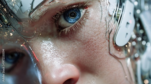 Close up of cyborg eye with technological details