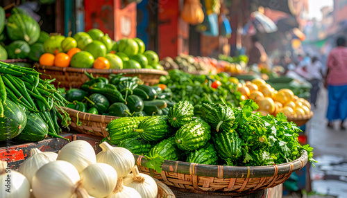Vibrant Outdoor Asian Street Market with Fresh Vegetables and Greens in Woven Baskets