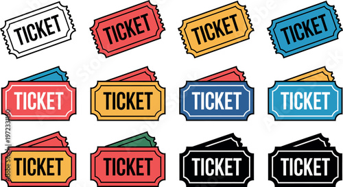 Colorful ticket stubs with the word ticket on them in various colors and designs
