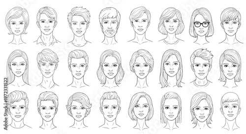 Collection of diverse female cartoon portraits with various hairstyles and expressions.
