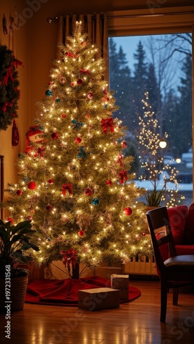 Decorated Christmas tree in corner of room