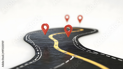 Winding road with location markers symbolizes journey or milestones. road is black with yellow and white lines, and markers are red, creating sense of direction and progress