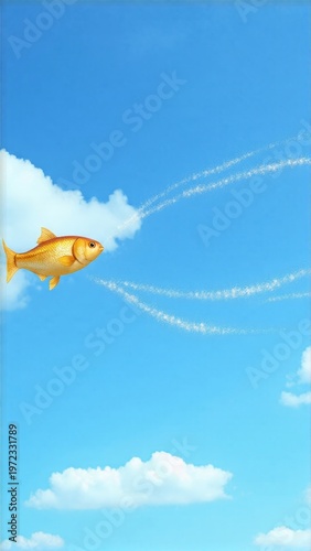 A cartoon goldfish soaring in the sky.