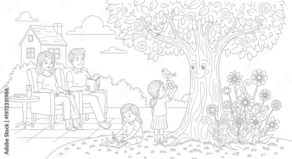 Fototapeta premium Family enjoying time in the garden with a smiling tree and flowers