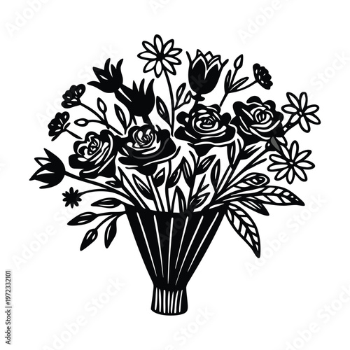 Fotografi Black floral bouquet illustration, flower arrangement vector, decorative vase gr
