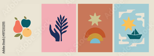 hand holding dark leaf, abstract arch and sun, minimalist nature growth concept, aesthetic spiritual balance art, modern botanical design vector, creative environmental care art, simple geometric land