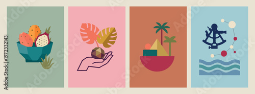 tropical monstera leaf art, desert pyramids and palm, exotic travel adventure vector, minimalist nature landscape design, creative cultural tourism art, aesthetic summer vacation vector, simple botani