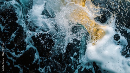 Dynamic abstract close up of turbulent water with frothy white foam and swirling golden currents creating an energetic and powerful natural phenomenon high detail macro view
