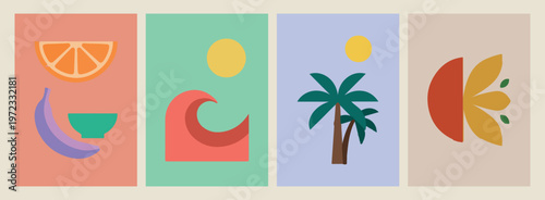 vibrant red ocean wave, tropical palm tree island, minimalist summer beach design, exotic travel nature vector, aesthetic coastal landscape art, creative sea and sun, modern tropical vacation vector
