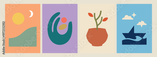 human hand holding leaf, minimalist potted plant illustration, nature care and growth, environmental sustainability concept art, aesthetic botanical indoor plant, creative gardening vector icon, simpl