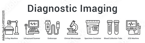 Diagnostic imaging banner web icon combines advanced visualization and testing equipment for accurate medical diagnosis.