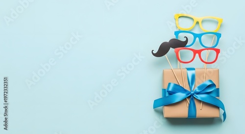 Festive gift presentation glasses mustache and ribbon on a present