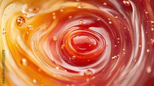 Vibrant swirling vortex of golden honey and crimson liquid with tiny air bubbles creating a mesmerizing abstract pattern of warm colors and fluid motion perfect for food beverage