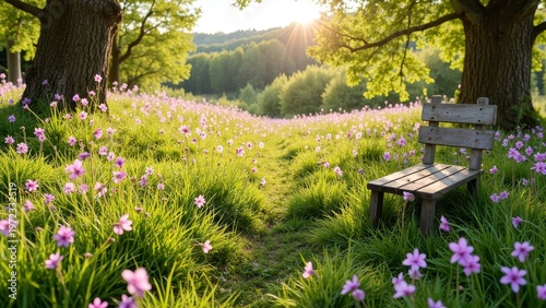 Nature path lined with wildflowers and bench for resting