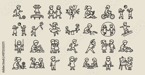 childhood play icon set, kid activity line art, playground equipment vector icons, child development symbols set, educational play activity art, outdoor fun and game, children lifestyle icons set
