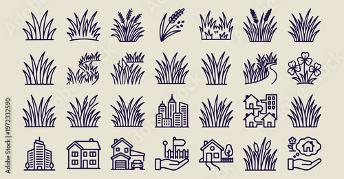 agricultural crop icon set, wheat and grain line, cereal plant growth icons, harvest season vector set, organic grain farming symbols, agricultural field nature art, wheat stalk line drawing
