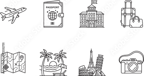 Set of travel and tourism icons linear style